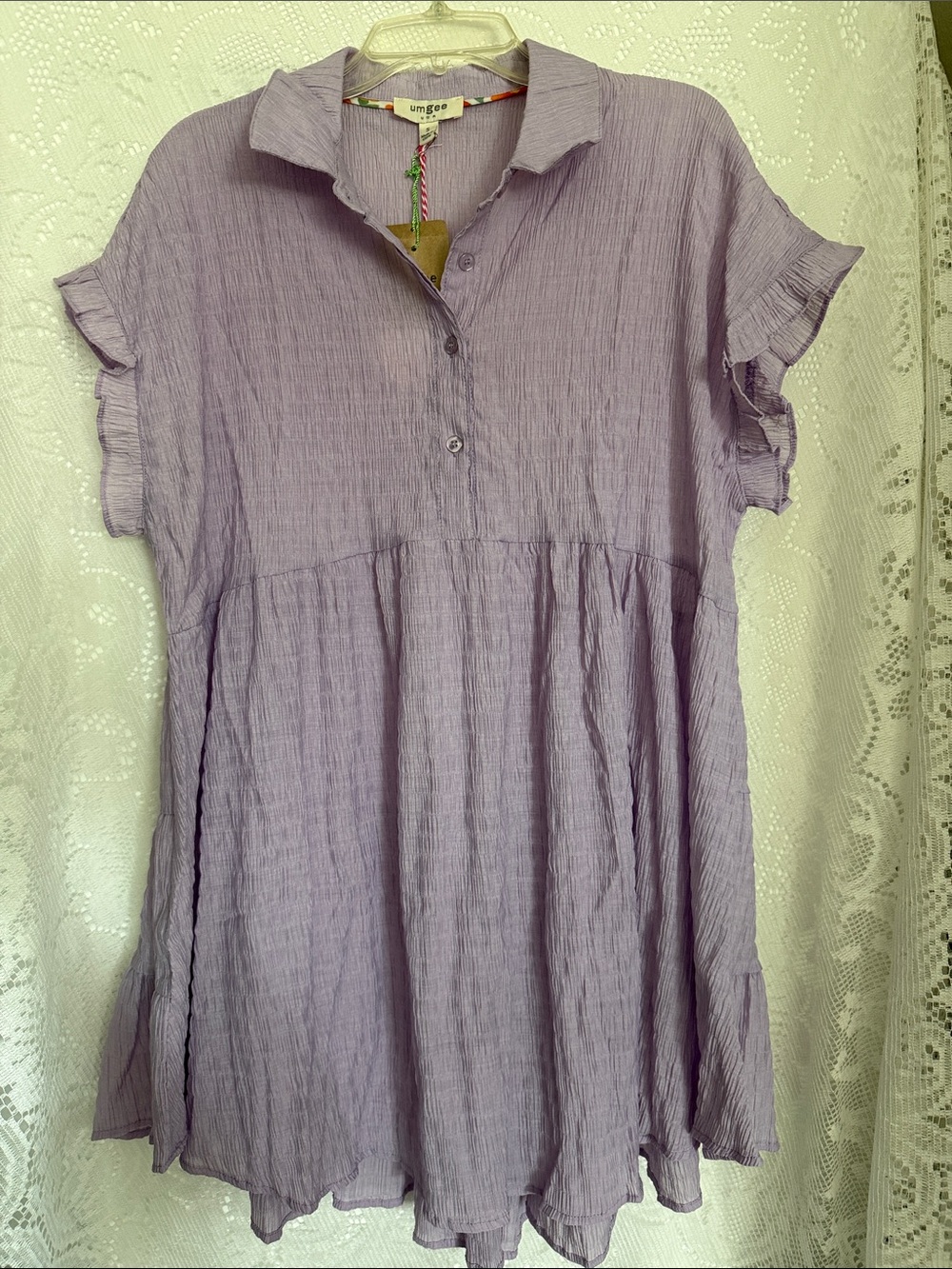 Umgee Lavender Crinkle Tunic Top with Ruffle Sleeves